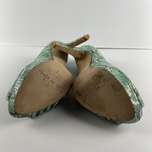 Women's Mimco Size 37 Green Reptile Print Peep Toe Stiletto High Heel Shoes - Picture 10 of 10